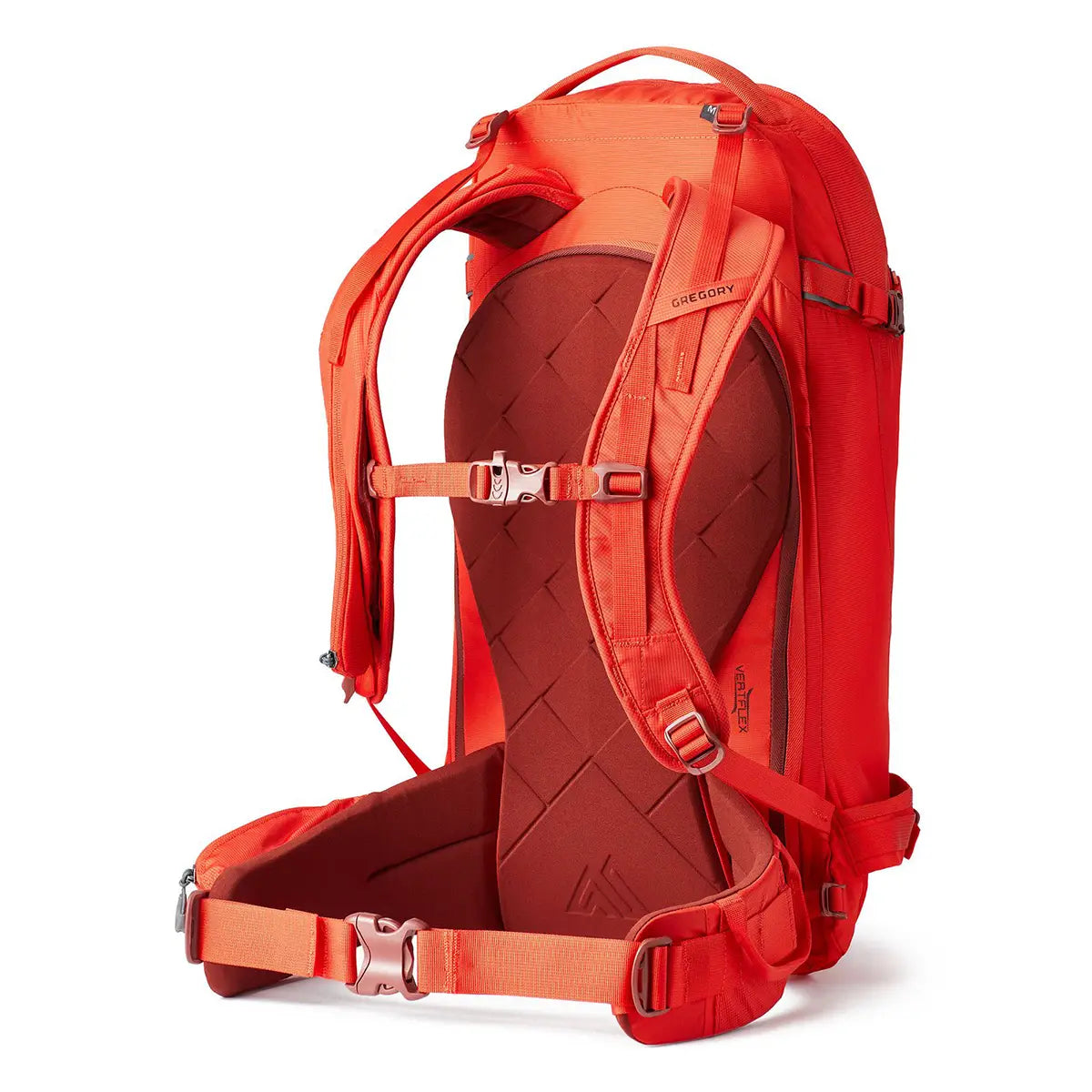 Der Gregory Targhee 32 S Trekkingrucksack in rot von Gregory ist von hinten abgebildet und verfügt über gepolsterte Schultergurte, ein stützendes Rückenteil und einen Hüftgurt für mehr Komfort.