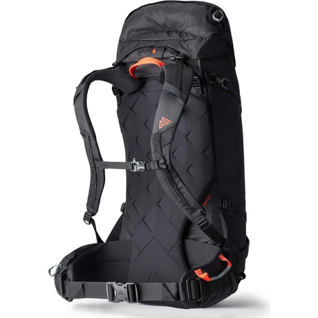 Der Gregory Alpinisto 35 Trekkingrucksack in schwarz von Gregory verfügt über gepolsterte Schultergurte, einen Brustgurt und einen Hüftgurt - von hinten gesehen ist er die perfekte alpine Ausrüstung für Ihr nächstes Bergsteigen-Abenteuer.