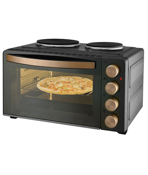 Der efbe-Schott TKG MK 1003 Kleinküche - schwarz verfügt über einen eleganten Aufsatzofen mit goldenen Knöpfen, Pizzabacken im Inneren und 2 Kochplatten auf der Oberseite - perfekt für kompakte Kochanforderungen.