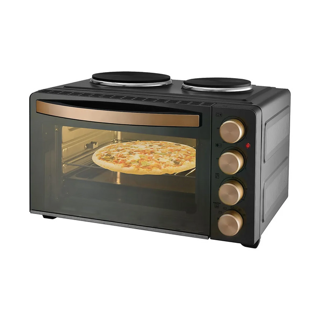 Der efbe-Schott TKG MK 1003 Kleinküche - schwarz verfügt über einen eleganten Aufsatzofen mit goldenen Knöpfen, Pizzabacken im Inneren und 2 Kochplatten auf der Oberseite - perfekt für kompakte Kochanforderungen.