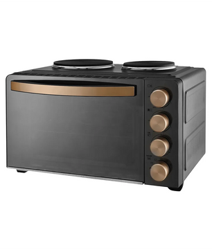 Die efbe-Schott TKG MK 1003 Kleinküche in schwarz kombiniert eine kompakte Miniküche mit Backofen, 2 Kochplatten auf der Oberseite und vier seitlichen Bedienknöpfen zum einfachen Kochen.