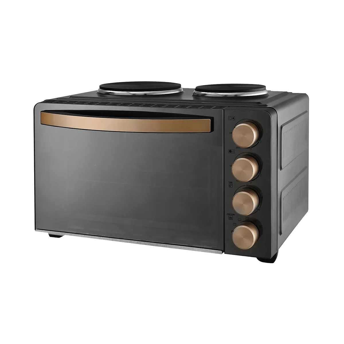 Die efbe-Schott TKG MK 1003 Kleinküche in schwarz kombiniert eine kompakte Miniküche mit Backofen, 2 Kochplatten auf der Oberseite und vier seitlichen Bedienknöpfen zum einfachen Kochen.