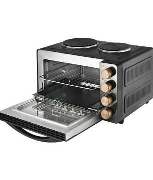Die efbe-Schott TKG MK 1003 Kleinküche - schwarz verfügt über einen Backofen, zwei Kochplatten auf der Oberseite, Bedienknöpfe und eine zu öffnende Tür.