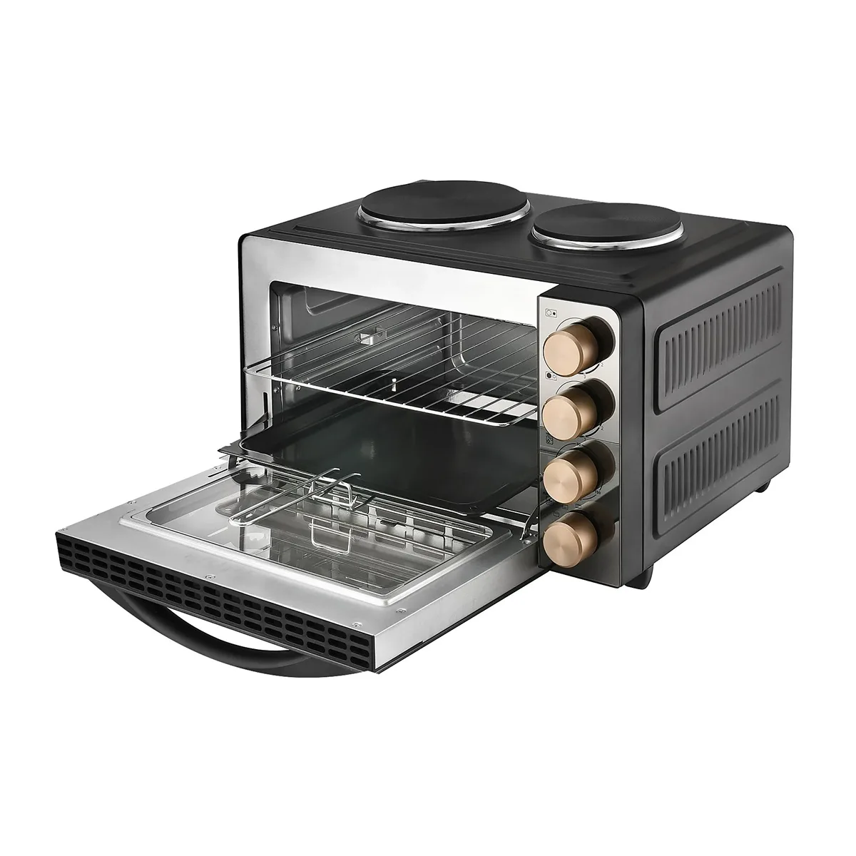 Die efbe-Schott TKG MK 1003 Kleinküche - schwarz verfügt über einen Backofen, zwei Kochplatten auf der Oberseite, Bedienknöpfe und eine zu öffnende Tür.