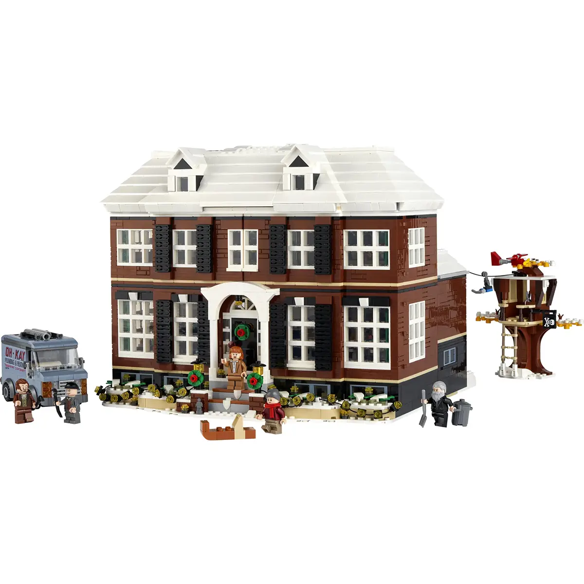 Das LEGO Ideas Home Alone, Haus der McCallisters von LEGO bietet ein detailreiches Modell mit braunem Haus, weißem Dach, Minifiguren, Baumhaus und Van - inspiriert vom Film "Kevin Allein zu Haus". Perfekt für erwachsene Fans!.