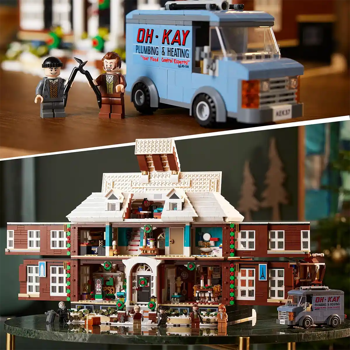Das LEGO Ideas Home Alone, Haus der McCallisters Set von LEGO für Erwachsene enthält Minifiguren, einen blauen Van und detailreiche Innenräume.