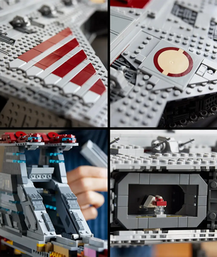 Vier Nahaufnahmen des detaillierten LEGO Star Wars Republikanischen Angriffskreuzers der Venator-Klasse (75367) von LEGO, die die roten und grauen Akzente und das komplizierte Mauerwerk zeigen.