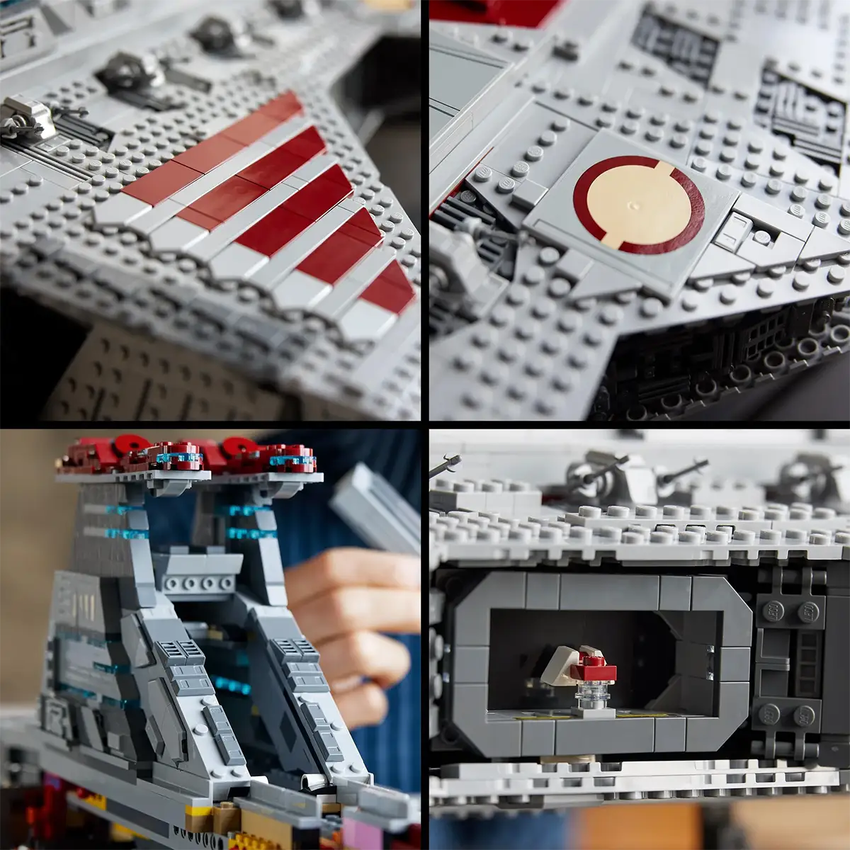 Vier Nahaufnahmen des detaillierten LEGO Star Wars Republikanischen Angriffskreuzers der Venator-Klasse (75367) von LEGO, die die roten und grauen Akzente und das komplizierte Mauerwerk zeigen.