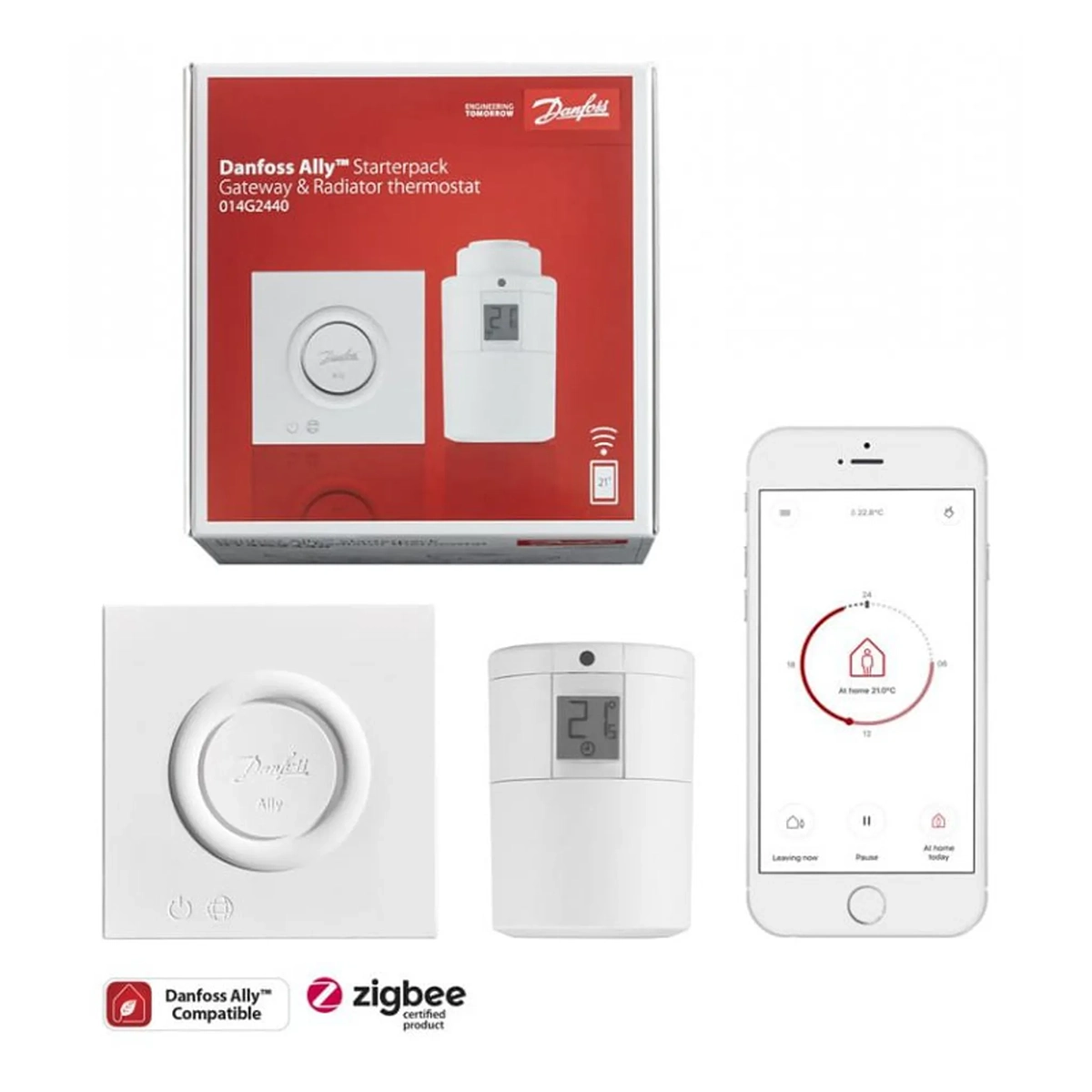 Steuern Sie Ihre Heizung mit dem Danfoss Ally Heizkörperthermostaten - weiß. Genießen Sie intelligentes Temperaturmanagement über Thermostat, Gateway und App - alles von der bewährten Marke Danfoss.