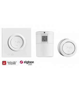 Drei weiße Danfoss Ally Heizkörperthermostate von Danfoss mit Zigbee- und Ally+-kompatiblen Logos - ideale Smart-Home-Ergänzungen für Ihr Heizsystem als zuverlässige thermostatische Heizkörperregler.