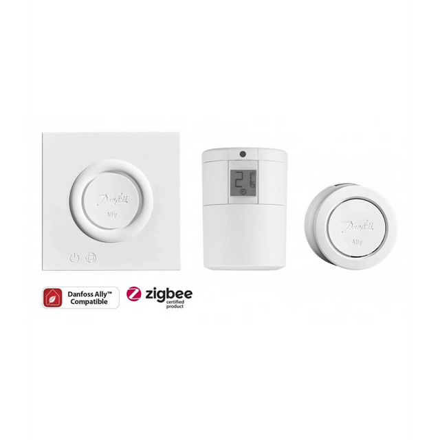 Drei weiße Danfoss Ally Heizkörperthermostate von Danfoss mit Zigbee- und Ally+-kompatiblen Logos - ideale Smart-Home-Ergänzungen für Ihr Heizsystem als zuverlässige thermostatische Heizkörperregler.