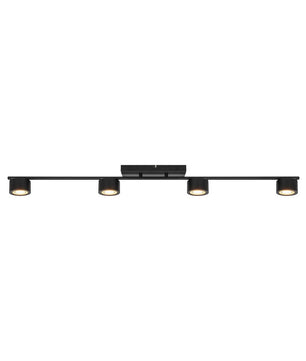 Die Nordlux Clyde Deckenleuchte - schwarz ist eine moderne Deckenleuchte mit vier zylindrischen LED-Strahlern und einem rechteckigen Sockel, die skandinavisches Design für eine stilvolle und funktionale Beleuchtung bietet.