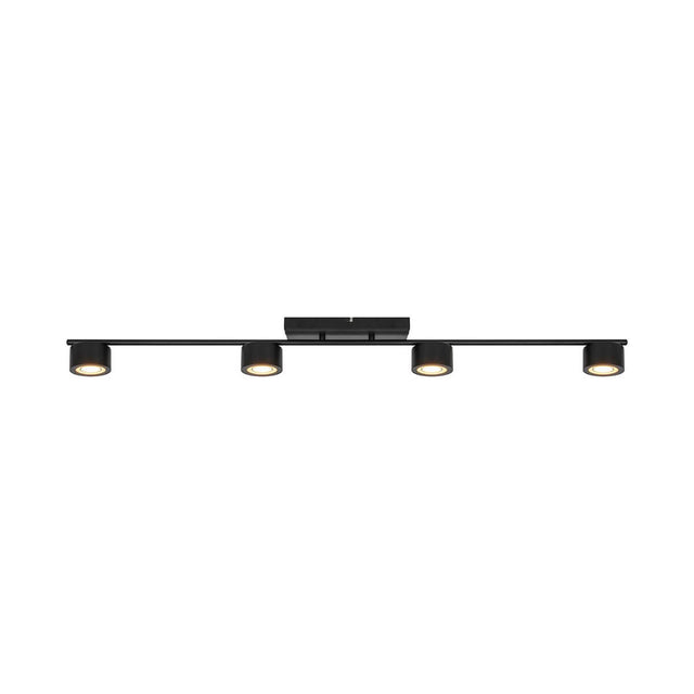 Die Nordlux Clyde Deckenleuchte - schwarz ist eine moderne Deckenleuchte mit vier zylindrischen LED-Strahlern und einem rechteckigen Sockel, die skandinavisches Design für eine stilvolle und funktionale Beleuchtung bietet.