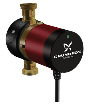 Die Grundfos COMFORT 15-14 BX PM DACH Zirkulationspumpe – schwarz von Grundfos verfügt über ein schwarzes Gehäuse, ein fest angebrachtes Netzkabel und Messinganschlüsse. Diese hocheffiziente Zirkulationspumpe sorgt für eine zuverlässige Warmwasserzirkulation, ganz nach Ihren Bedürfnissen.