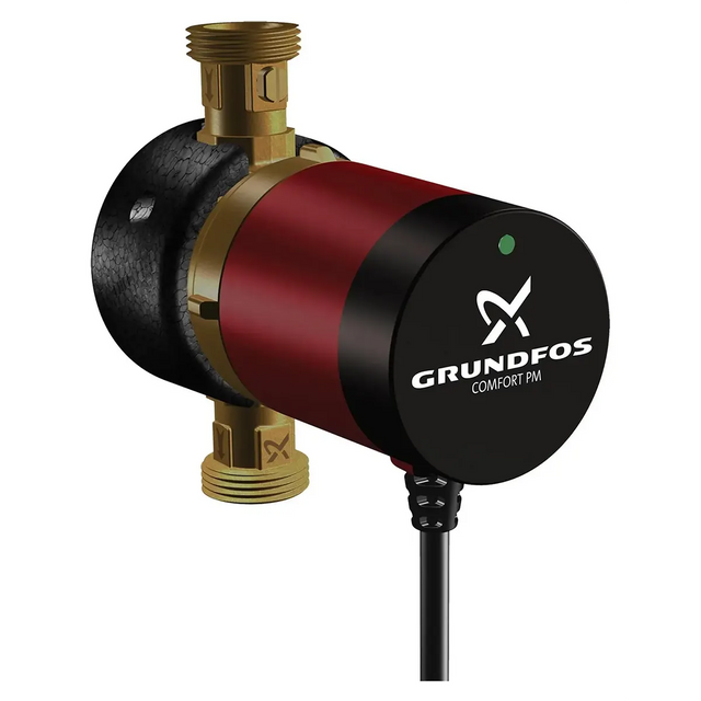 Die Grundfos COMFORT 15-14 BX PM DACH Zirkulationspumpe – schwarz von Grundfos verfügt über ein schwarzes Gehäuse, ein fest angebrachtes Netzkabel und Messinganschlüsse. Diese hocheffiziente Zirkulationspumpe sorgt für eine zuverlässige Warmwasserzirkulation, ganz nach Ihren Bedürfnissen.