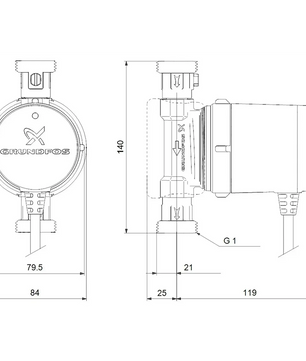 Technische Zeichnung der Grundfos COMFORT 15-14 BX PM DACH Zirkulationspumpe – schwarz mit beschrifteten Maßen in Millimetern, dargestellt in Vorder- und Seitenansicht. Diese Zeichnung verdeutlicht die kompakte Bauweise dieser hocheffizienten Grundfos-Pumpe und unterstützt eine präzise Installationsplanung.
