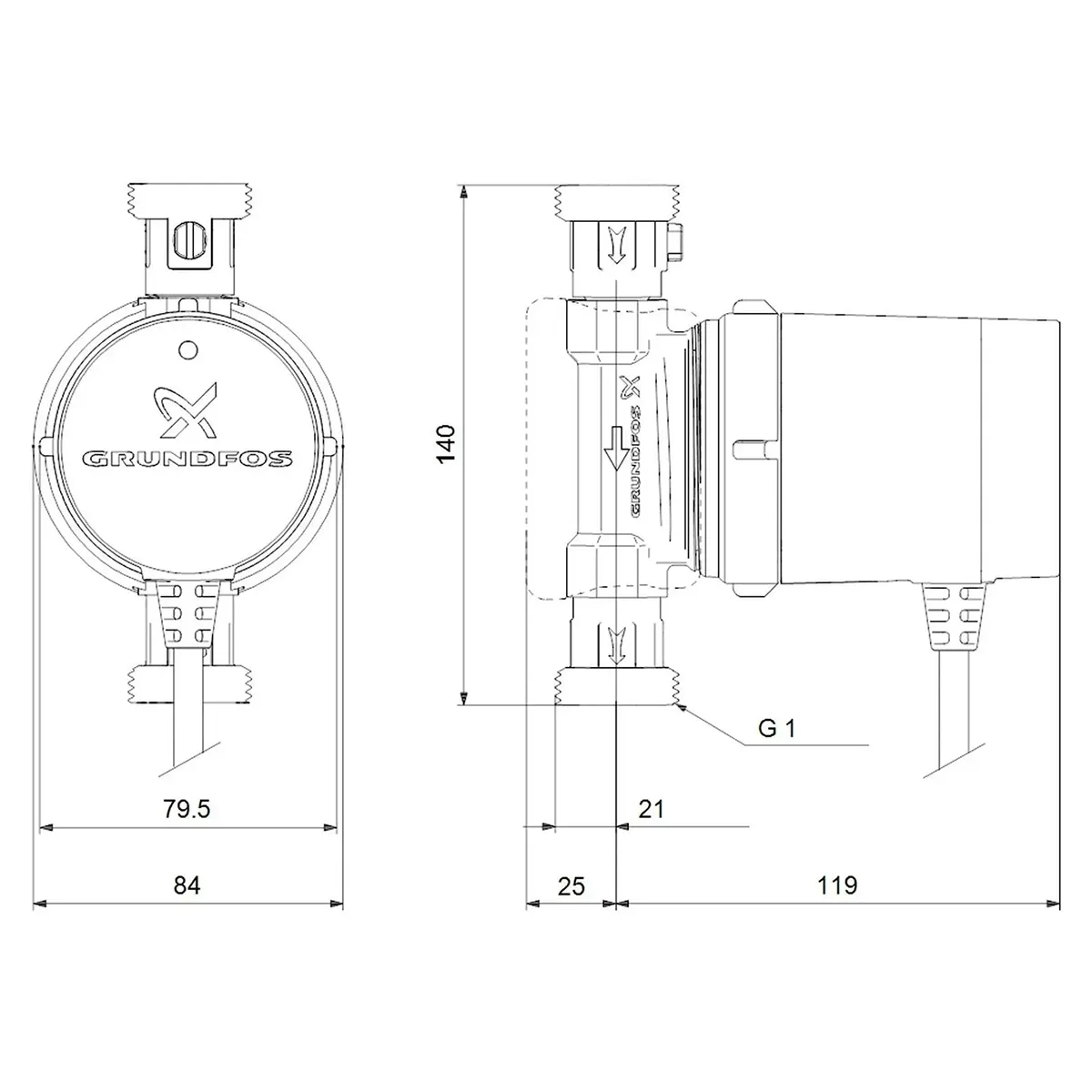 Technische Zeichnung der Grundfos COMFORT 15-14 BX PM DACH Zirkulationspumpe – schwarz mit beschrifteten Maßen in Millimetern, dargestellt in Vorder- und Seitenansicht. Diese Zeichnung verdeutlicht die kompakte Bauweise dieser hocheffizienten Grundfos-Pumpe und unterstützt eine präzise Installationsplanung.
