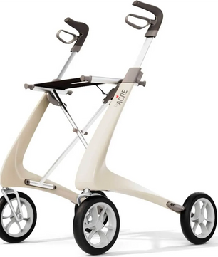 Der „byACRE Carbon Ultralight Rollator – Weiß“ von Acre besticht durch ein modernes Design in Beige und Grau mit vier Rädern und ergonomischen Griffen, das vor einem weißen Hintergrund zur Geltung kommt. Dieser leichte Rollator ist ideal für alle, die sowohl Wert auf Stil als auch auf Benutzerfreundlichkeit legen, und eignet sich daher hervorragend für Rollator-Reisen.