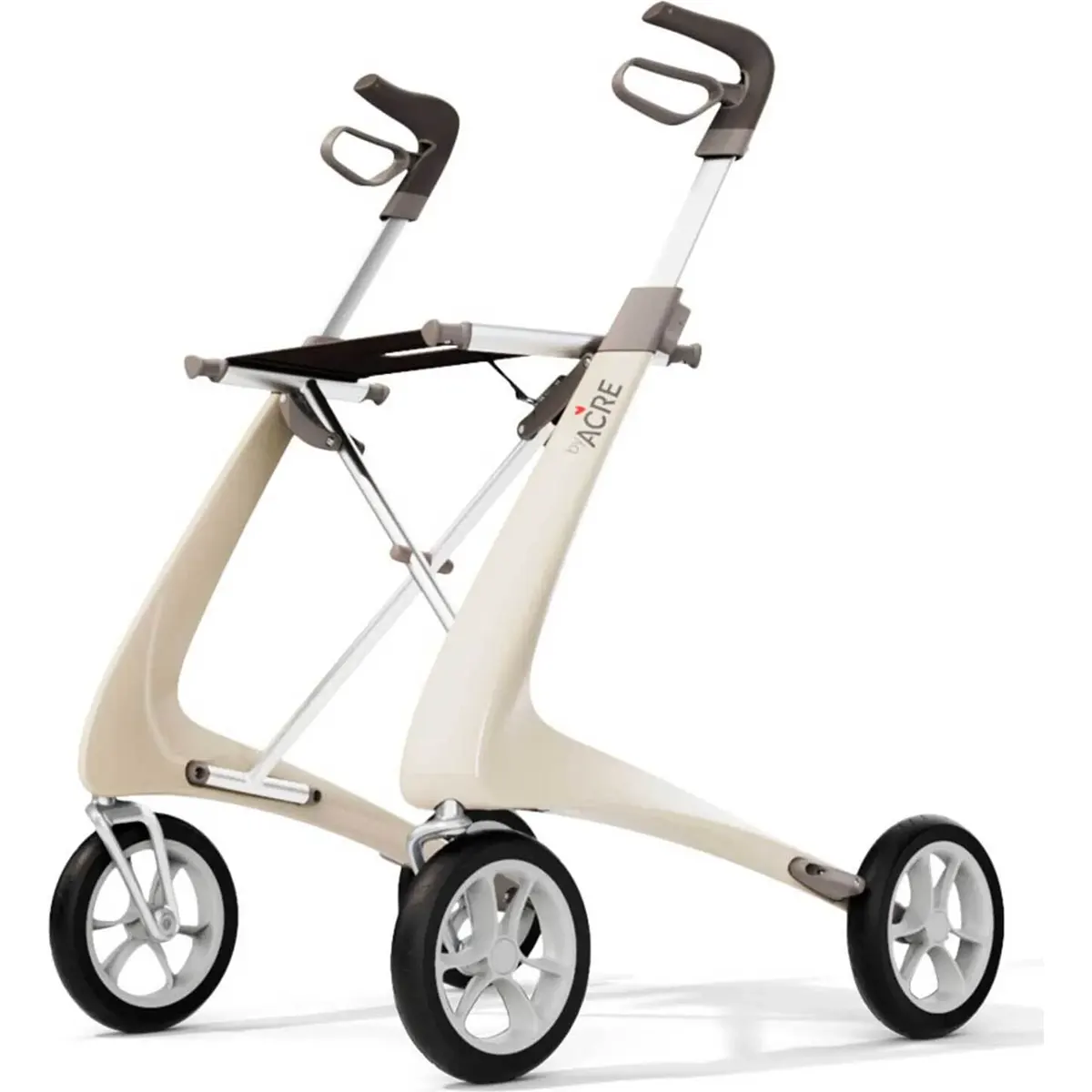 Der „byACRE Carbon Ultralight Rollator – Weiß“ von Acre besticht durch ein modernes Design in Beige und Grau mit vier Rädern und ergonomischen Griffen, das vor einem weißen Hintergrund zur Geltung kommt. Dieser leichte Rollator ist ideal für alle, die sowohl Wert auf Stil als auch auf Benutzerfreundlichkeit legen, und eignet sich daher hervorragend für Rollator-Reisen.