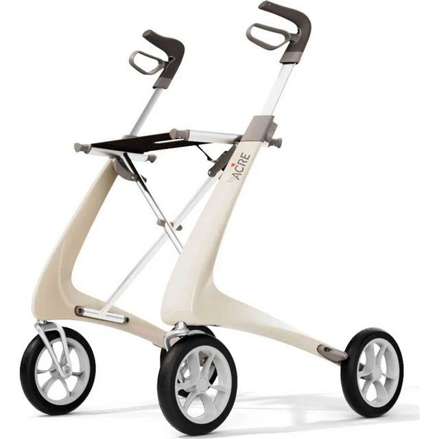 Der „byACRE Carbon Ultralight Rollator – Weiß“ von Acre besticht durch ein modernes Design in Beige und Grau mit vier Rädern und ergonomischen Griffen, das vor einem weißen Hintergrund zur Geltung kommt. Dieser leichte Rollator ist ideal für alle, die sowohl Wert auf Stil als auch auf Benutzerfreundlichkeit legen, und eignet sich daher hervorragend für Rollator-Reisen.