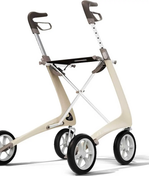Der moderne und leichte „byACRE Carbon Ultralight Rollator“ in Weiß von Acre verfügt über vier große Räder und ergonomische Griffe und bietet so sowohl Komfort als auch Stil für mühelose Mobilität.
