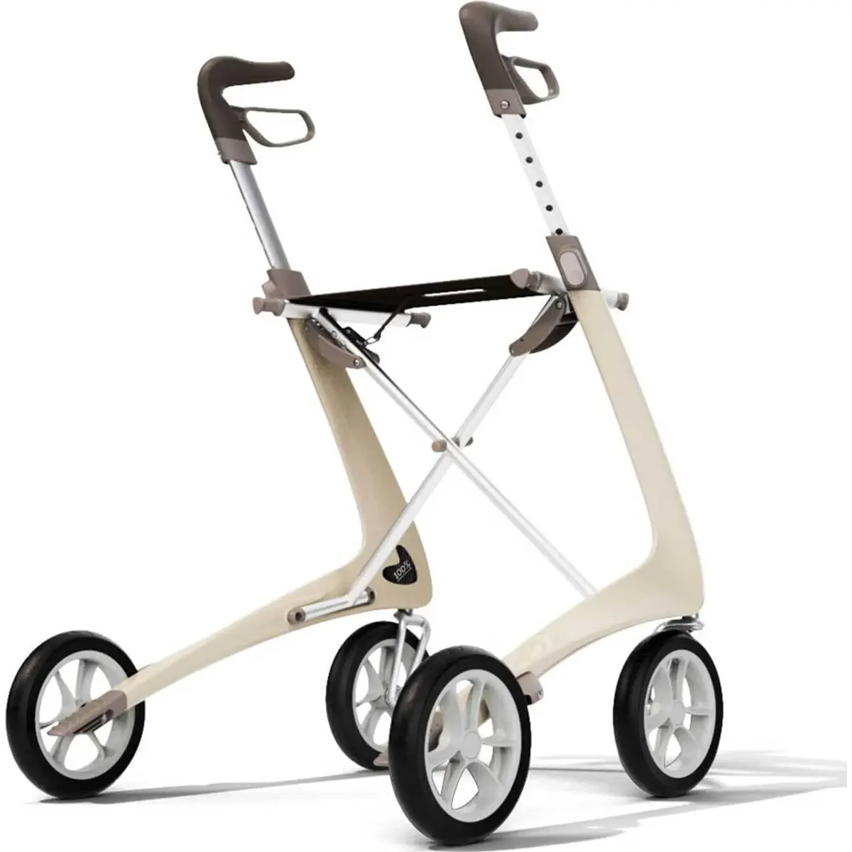 Der moderne und leichte „byACRE Carbon Ultralight Rollator“ in Weiß von Acre verfügt über vier große Räder und ergonomische Griffe und bietet so sowohl Komfort als auch Stil für mühelose Mobilität.