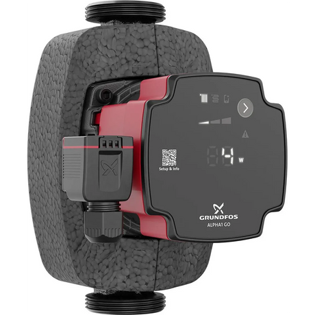 Grundfos ALPHA1 GO 25-80 180 mm Umwälzpumpe in Schwarz mit digitalem Display und Rohrisolierung.
