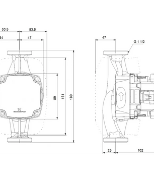 Technische Zeichnung der Grundfos ALPHA1 GO 25-80 180 mm Umwälzpumpe - schwarz mit beschrifteten Abmessungen, dargestellt in der Draufsicht und Seitenansicht. Marke: Grundfos.