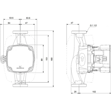 Technische Zeichnung der Grundfos ALPHA1 GO 25-80 180 mm Umwälzpumpe - schwarz mit beschrifteten Abmessungen, dargestellt in der Draufsicht und Seitenansicht. Marke: Grundfos.