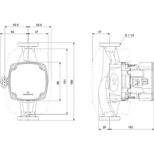 Technische Zeichnung der Grundfos ALPHA1 GO 25-80 180 mm Umwälzpumpe - schwarz mit beschrifteten Abmessungen, dargestellt in der Draufsicht und Seitenansicht. Marke: Grundfos.