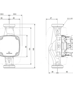 Technische Zeichnung der Grundfos ALPHA2 GO 25-75 180 mm Umwälzpumpe - schwarz für Heizungsmodernisierung, mit beschrifteten Abmessungen sowie detaillierten Front- und Seitenansichten. Marke: Grundfos.