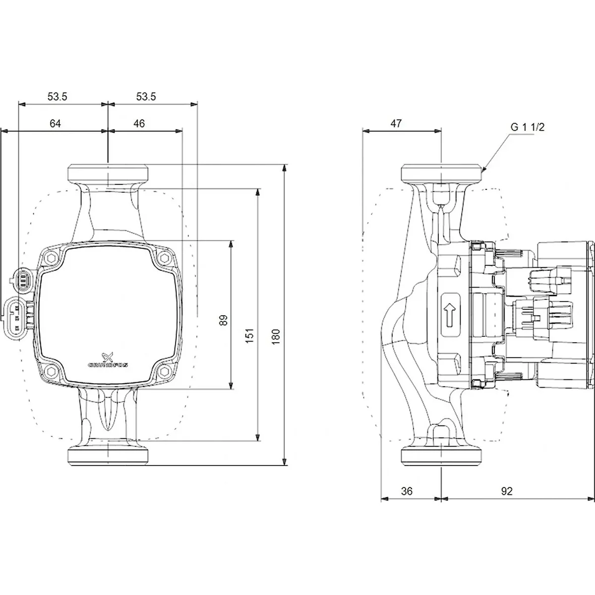 Technische Zeichnung der Grundfos ALPHA2 GO 25-75 180 mm Umwälzpumpe - schwarz für Heizungsmodernisierung, mit beschrifteten Abmessungen sowie detaillierten Front- und Seitenansichten. Marke: Grundfos.