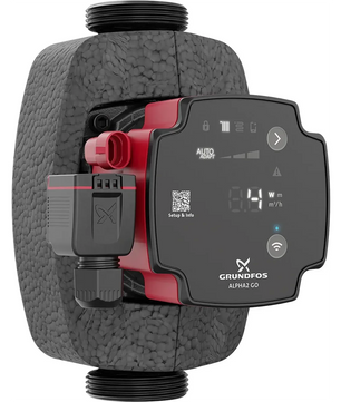 Die Grundfos ALPHA2 GO 25-75 180 mm Umwälzpumpe in schwarz mit digitalem Display und Steuerung ist ideal zur Heizungsmodernisierung.
