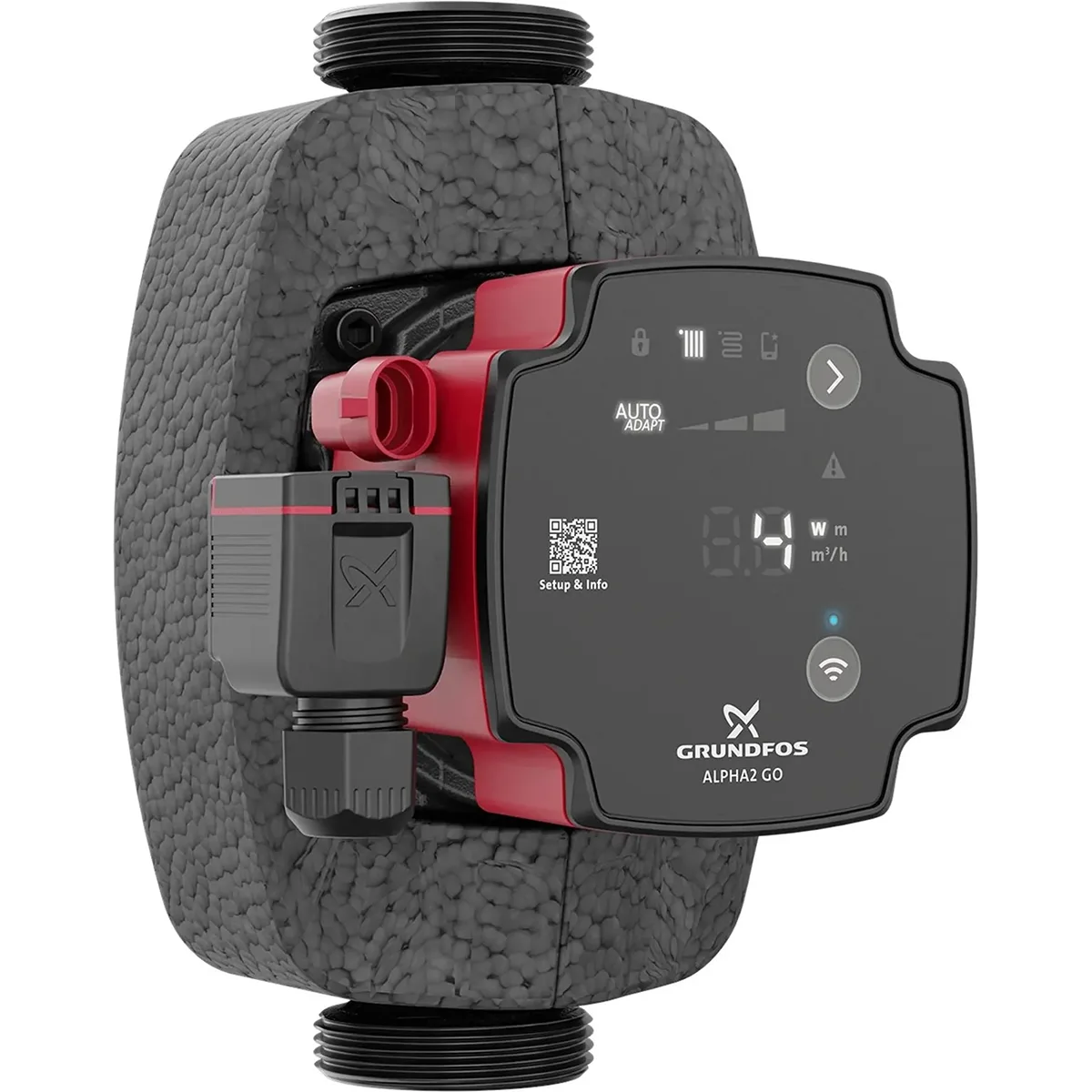 Die Grundfos ALPHA2 GO 25-75 180 mm Umwälzpumpe in schwarz mit digitalem Display und Steuerung ist ideal zur Heizungsmodernisierung.