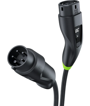 Zwei schwarze GreenCell Habu 11kW EV-Ladegerät-Ladestecker mit grünen Akzenten und Typ-2-Anschluss stehen sich gegenüber.