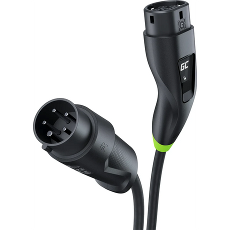 Zwei schwarze GreenCell Habu 11kW EV-Ladegerät-Ladestecker mit grünen Akzenten und Typ-2-Anschluss stehen sich gegenüber.