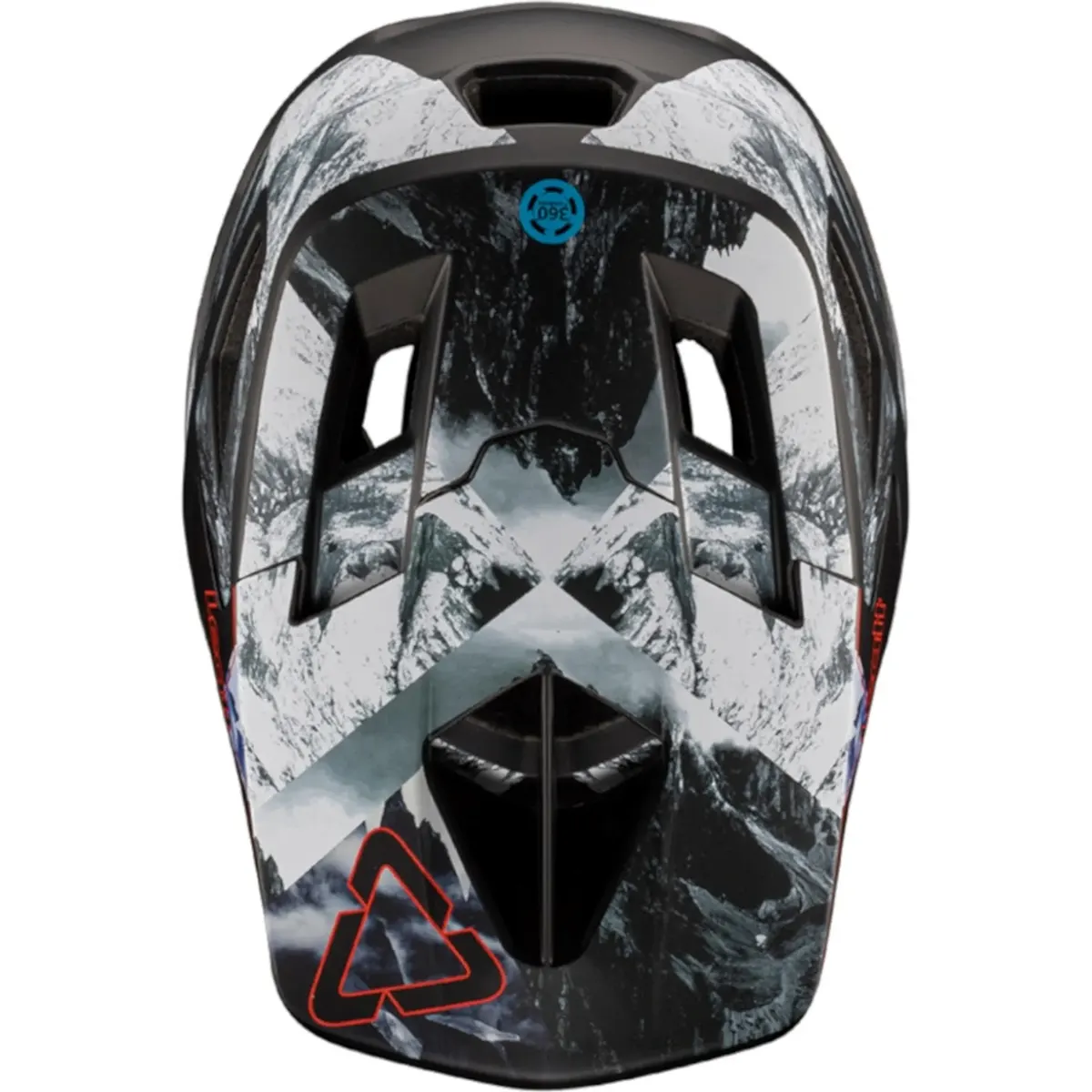 Der Leatt MTB Gravity 4.0 Helm in Weiß (Größe M) besticht durch sein schwarz-weißes Design mit rotem Dreieckslogo auf der Vorderseite, perfekt für Enduro- und Downhill-Mountainbiking.