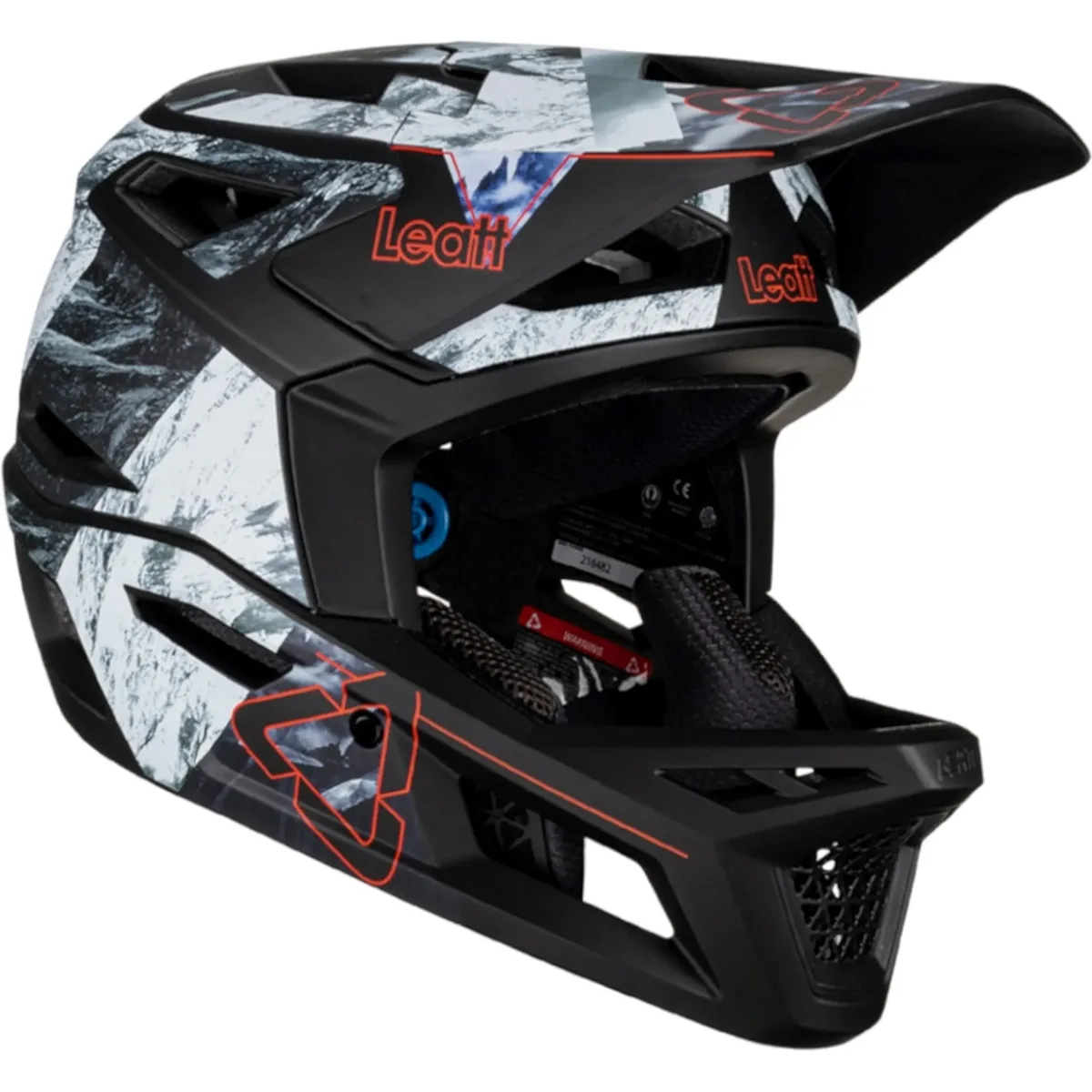 Der Leatt MTB Gravity 4.0 Helm Größe:L - schwarz ist ein schwarz-grauer Fullface-Helm mit rotem Leatt-Logo, kantiger Grafik und fortschrittlicher 360° Turbine Technology für hervorragenden Enduro-Downhill-Schutz.