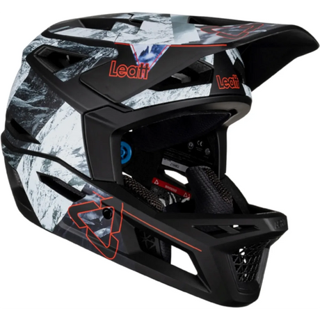Der Leatt MTB Gravity 4.0 Helm Größe:L - schwarz ist ein schwarz-grauer Fullface-Helm mit rotem Leatt-Logo, kantiger Grafik und fortschrittlicher 360° Turbine Technology für hervorragenden Enduro-Downhill-Schutz.