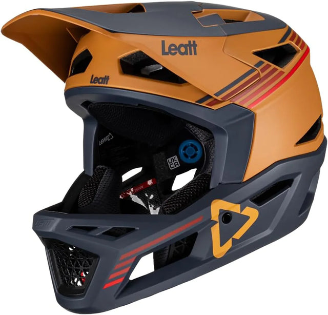 Der Leatt MTB Gravity 4.0 Helm Größe:L - Orange ist ein Fullface-Enduro-Downhill-Helm in Orange/Schwarz mit Visier, Belüftung und 360° Turbine Technology, der besten Schutz und Komfort auf harten Trails bietet.
