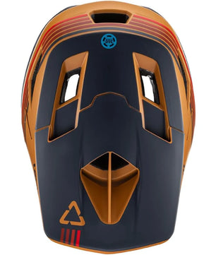 Draufsicht auf den Leatt MTB Gravity 4.0 Helm Größe:L in Orange, mit marineblauen Akzenten, Belüftungsöffnungen, geometrischem Design und der 360° Turbine Technology von Leatt.