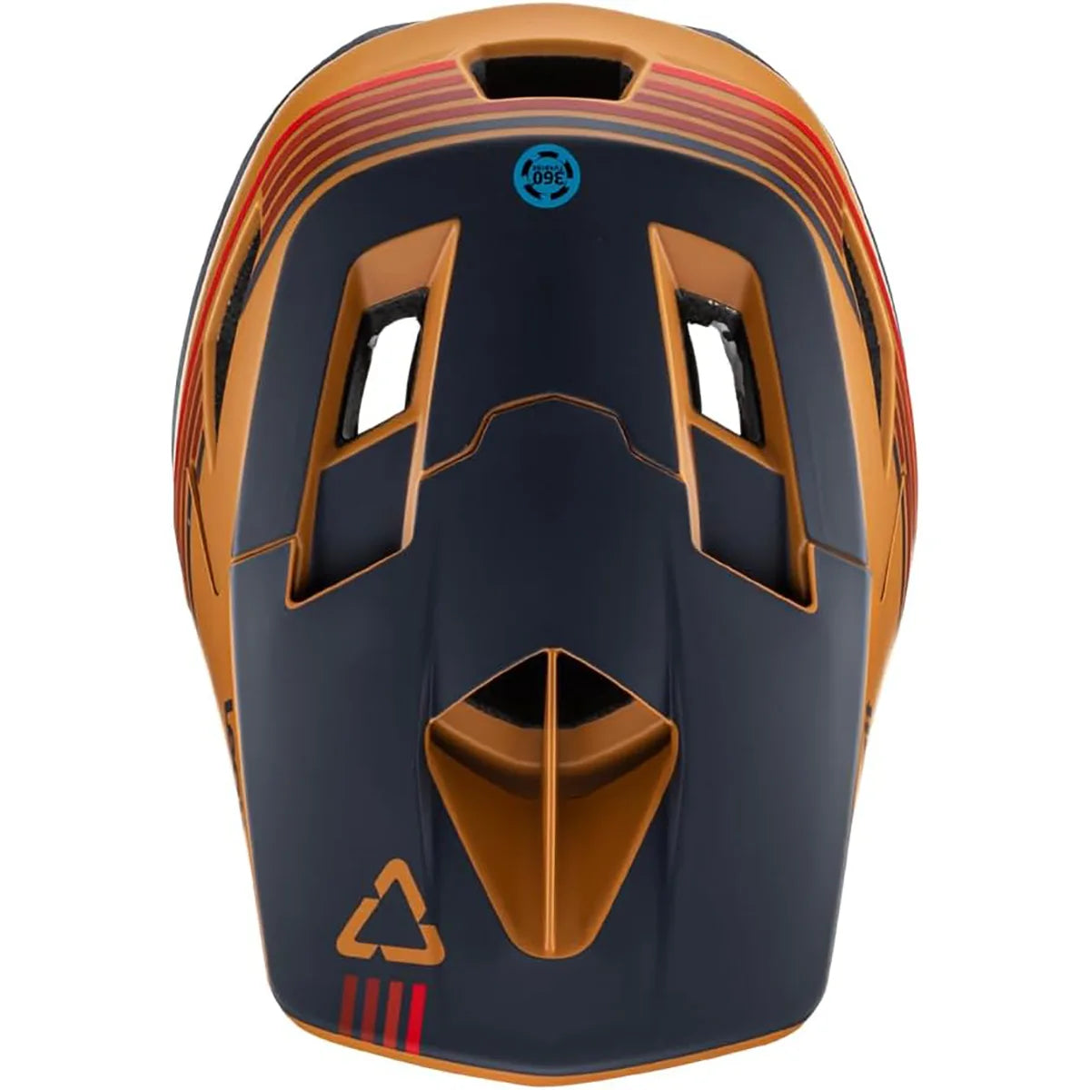 Draufsicht auf den Leatt MTB Gravity 4.0 Helm Größe:L in Orange, mit marineblauen Akzenten, Belüftungsöffnungen, geometrischem Design und der 360° Turbine Technology von Leatt.