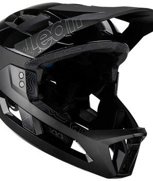 Der Leatt MTB Enduro 3.0 Stealth Helm Größe S in schwarz bietet Vollgesichtsschutz, Visier und Belüftung für Komfort und Sicherheit beim Mountainbiken.