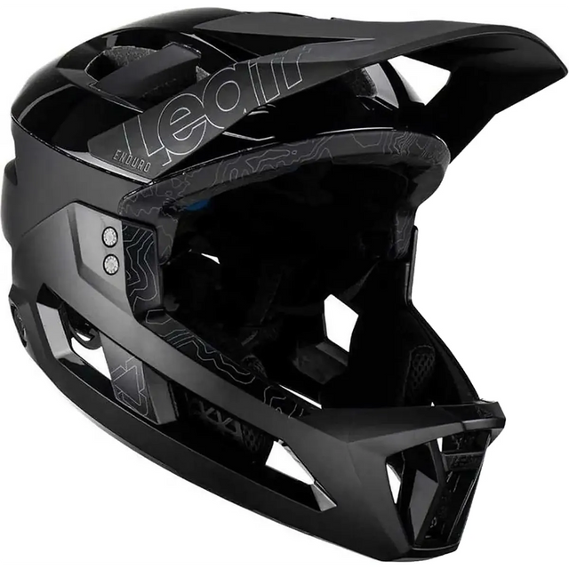 Der Leatt MTB Enduro 3.0 Stealth Helm Größe S in schwarz bietet Vollgesichtsschutz, Visier und Belüftung für Komfort und Sicherheit beim Mountainbiken.