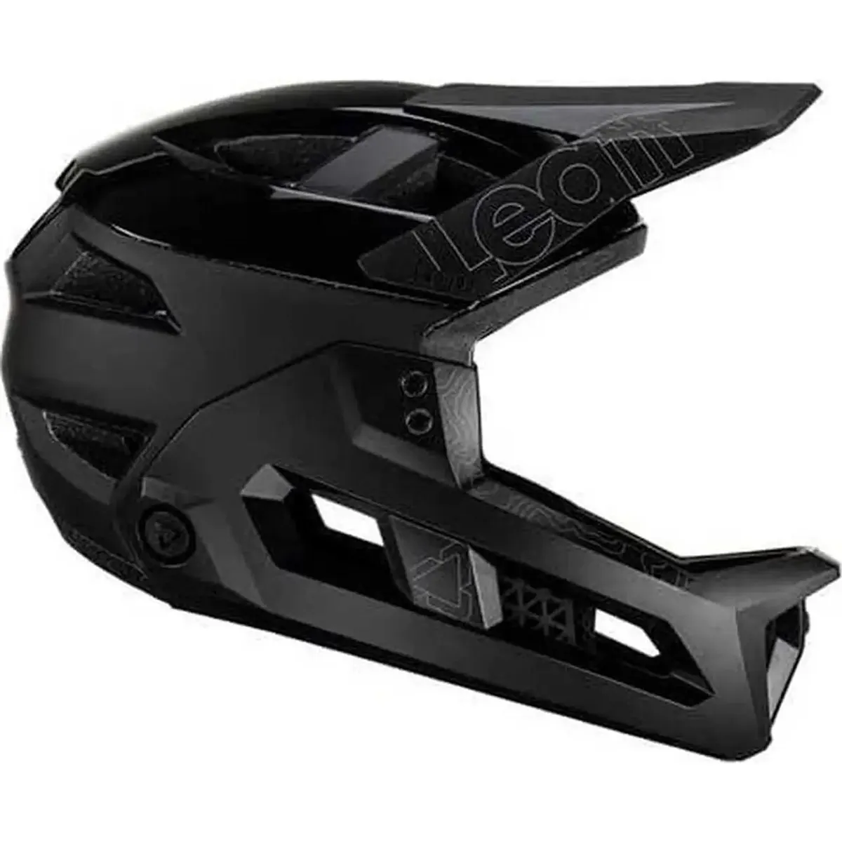 Der Leatt MTB Enduro 3.0 Stealth Helm in Größe S - schwarz bietet vielseitigen 3-in-1-Schutz für anspruchsvolle Trails, mit kantigen Belüftungsöffnungen und einem Visier; hier in der Seitenansicht.