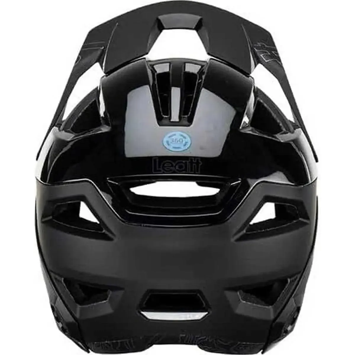 Der schwarze Vollvisier-Radhelm Leatt MTB Enduro 3.0 Stealth Helm (Größe S) von Leatt, von vorne auf weißem Grund abgebildet, verfügt über mehrere Belüftungsöffnungen für eine optimale Luftzirkulation.