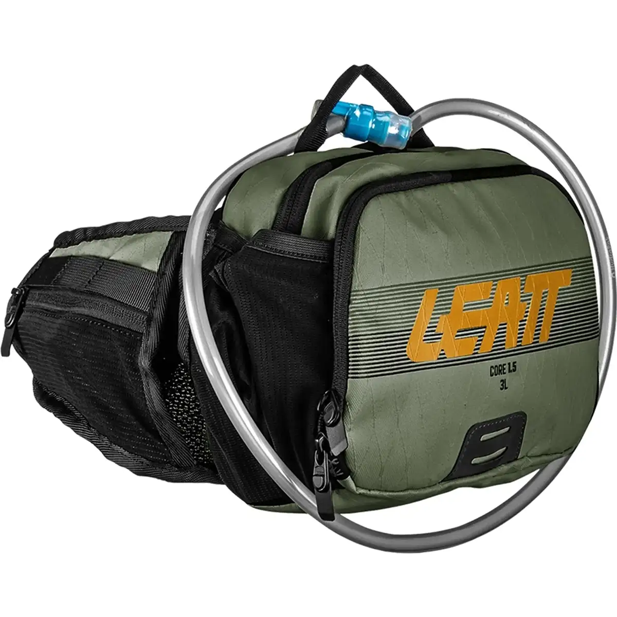Der Leatt Hydration Core 1.5 Trinkgürtel in Grün verfügt über AirLine-Rückenbelüftung, einen Schlauch und ein orangefarbenes Frontlogo - ideal als Trinkblase-Hüfttasche für Ihre Outdoor-Abenteuer.