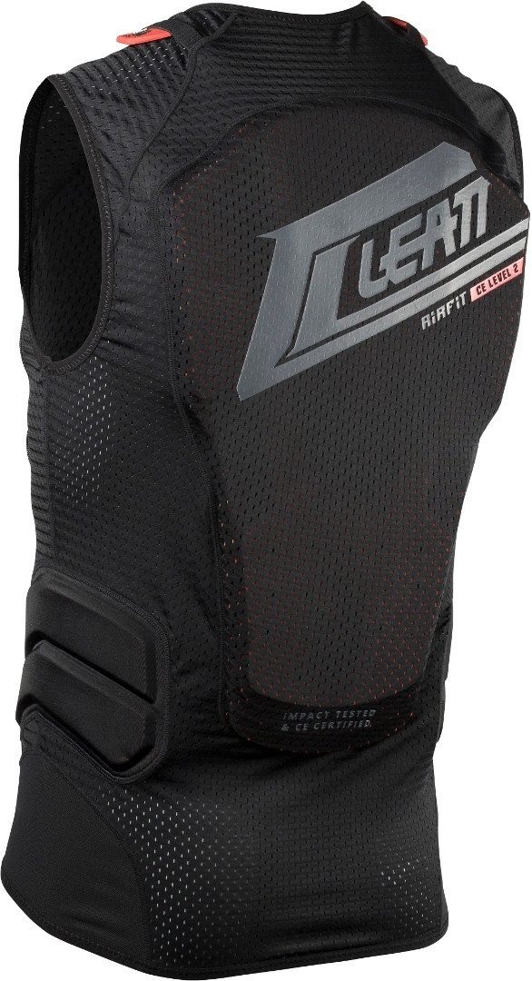 Die Leatt 3DF Protektorenweste in Größe L/XL - schwarz ist eine schwarze Sportschutzweste mit atmungsaktivem Mesh, einem großen Leatt-Logo auf dem Rücken und einem EN 1621-2 Level 2 zertifizierten Rückenprotektor für MTB-Sicherheit.