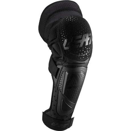 Der Leatt 3DF Hybrid EXT Knie-/Schienbeinschoner in XXL, schwarz, bietet gepolsterten Schutz und verstellbare Riemen mit LEATT-Logo.
