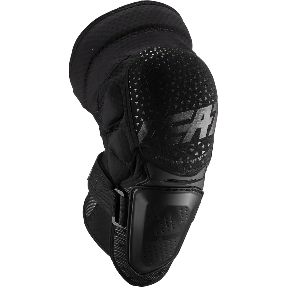 Der Leatt 3DF Hybrid Knieschoner (Größe S/M, schwarz) verfügt über ein schwarzes, gepolstertes Design mit verstellbaren Riemen und einer harten Schutzschale - ein idealer Offroad-Knieschutz für alle, die eine Top-Performance von Leatt suchen.
